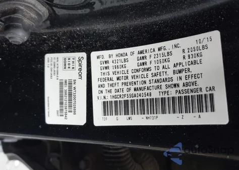 2016 Honda Accord Sport from USA, damaged, VIN 1HGCR2F55GA040548